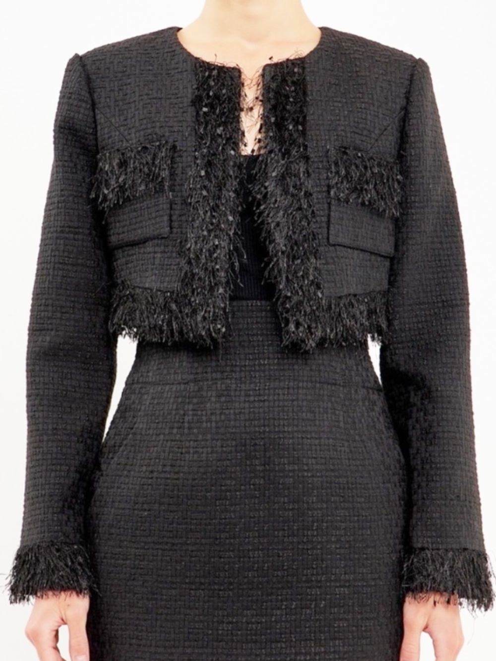 Endless Rose Black Feather Fringe Trim Tweed Cropped Collarless Jacket NEW
